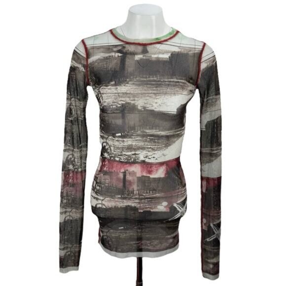 JEAN PAUL GAULTIER Vintage Long Sleeve Mesh Top Sz Large Berlin Wall City Scape - Picture 2 of 12